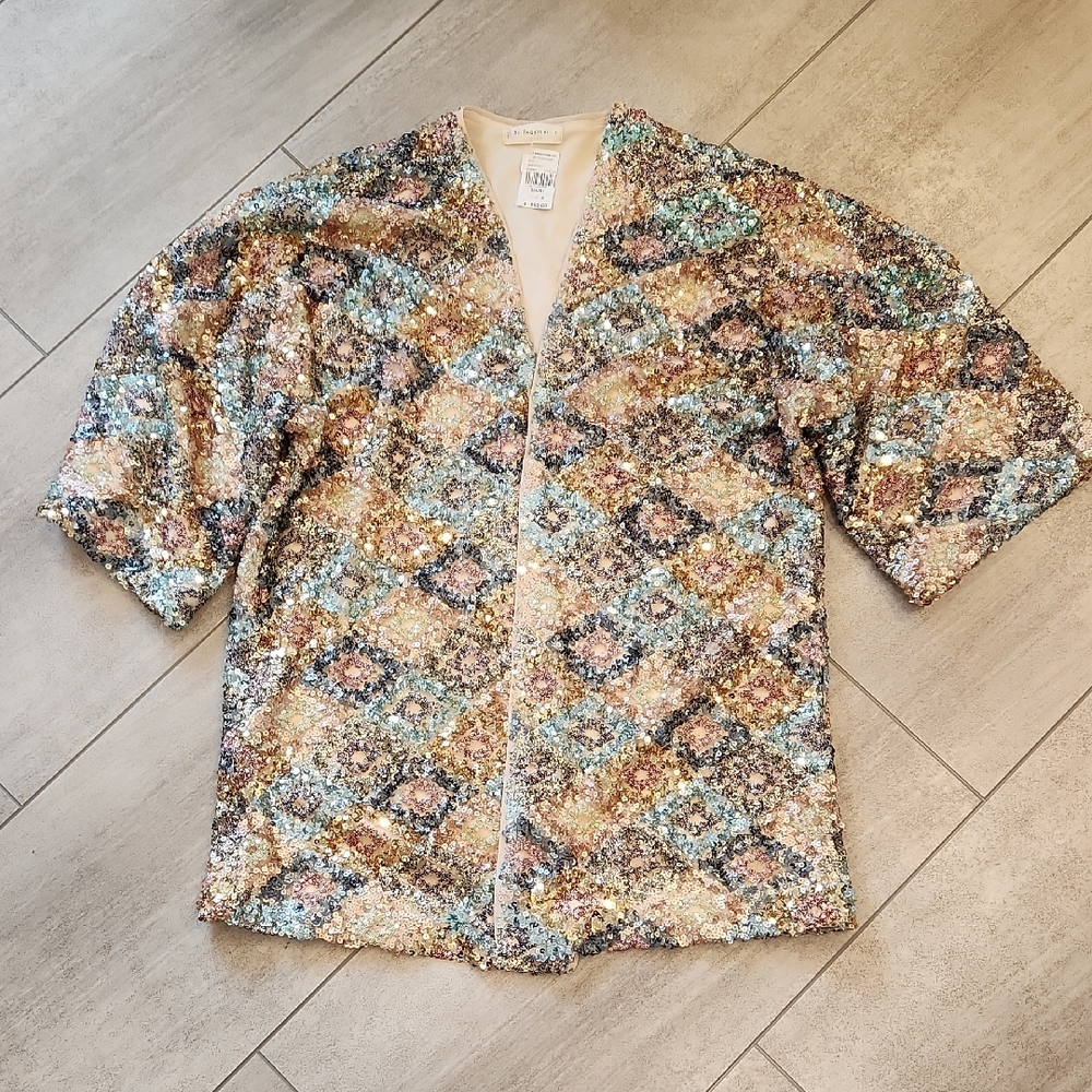 NWT By Together Multicolor Sequin Open Front Jacket Style Top Short Sleeve